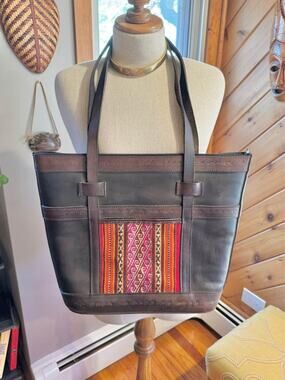 Vintage Bohemian Leather Kilim Rug Woven Tote Bag